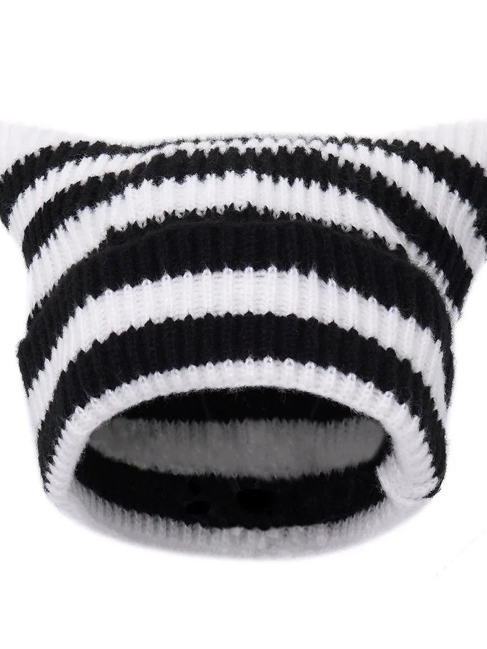 Source Unknown Black & White Striped Knit Beanie with Cat Ear Detail